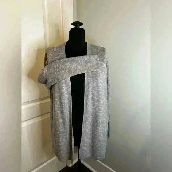 J. Jill‎ Women’s Petite Lg Linen Blend Heathered Grey Open Front Ribbed Cardigan - Picture 3 of 10